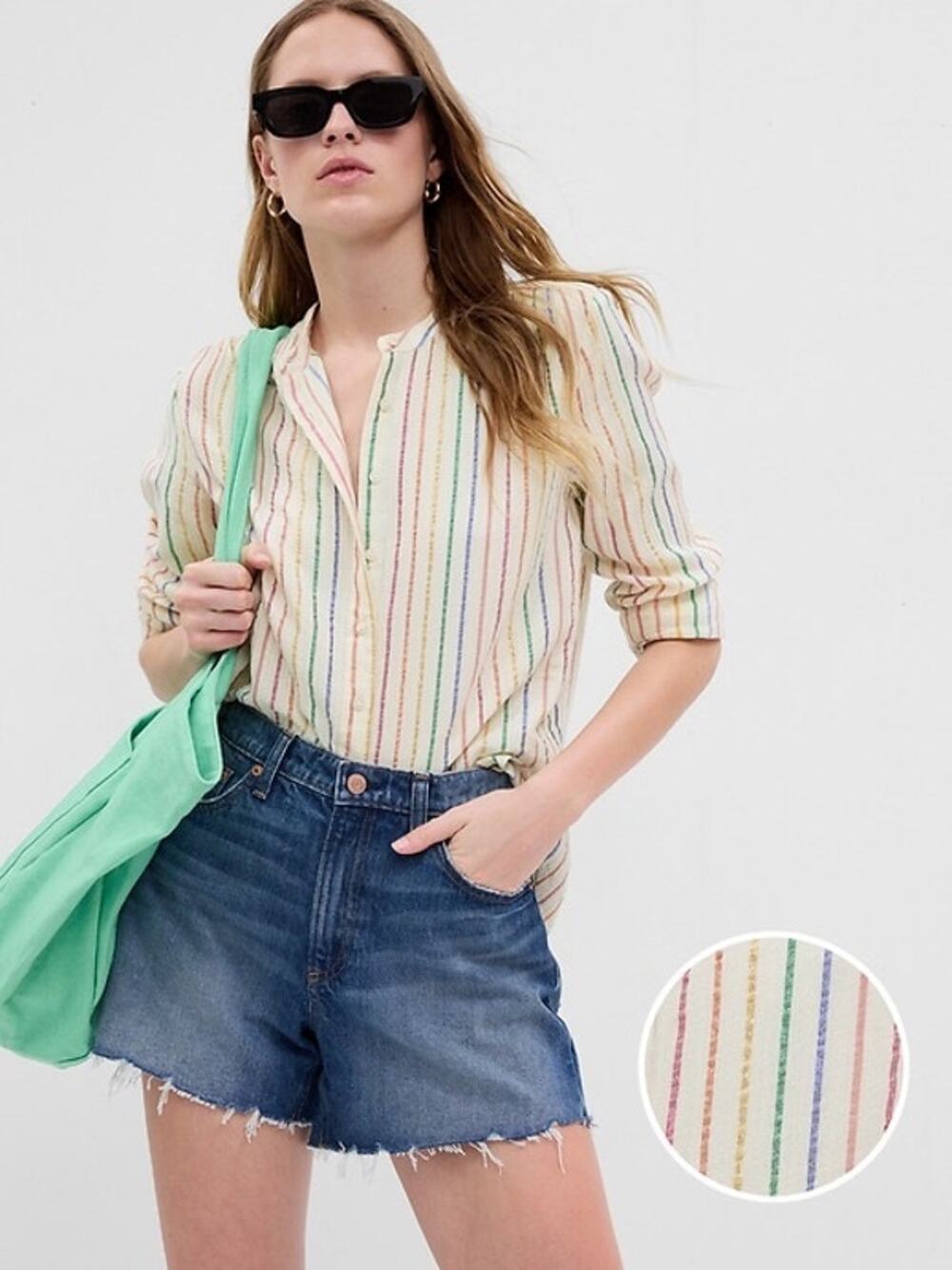 Gap Gauzy Stripe Button Up Shirt XXS Metallic Cotton Long Sleeve